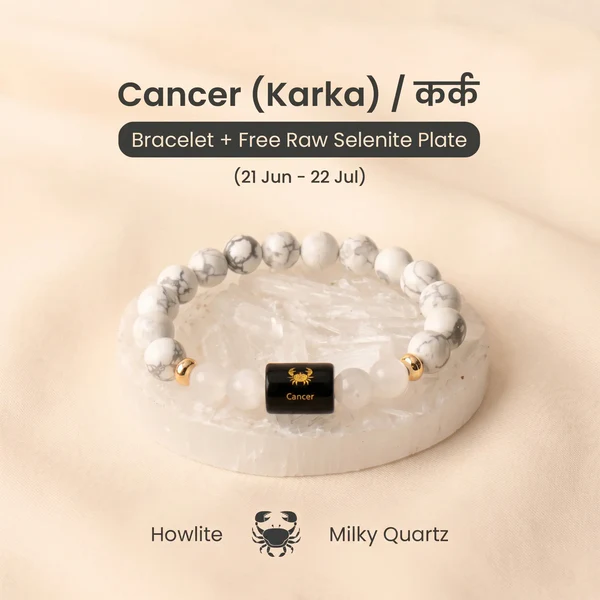 Cancer_4ff8ce38-6726-4e39-8d75-59c4903b523f Cancer (कर्क राशि) Zodiac Howlite & Milky Quartz Bracelet - Image 1