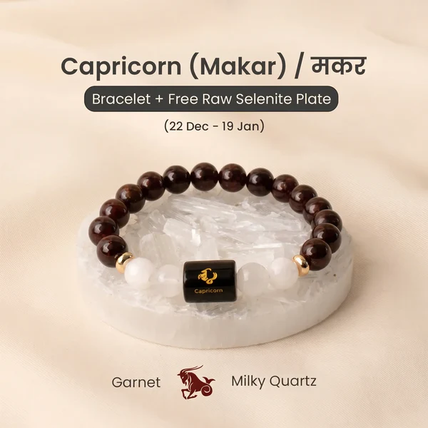 Capricorn_8e188779-181f-42da-8a5f-77a4e19ef95e Capricorn (मकर राशि) Zodiac Garnet & Milky Quartz Bracelet - Image 1