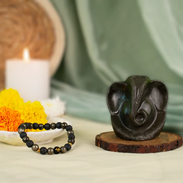 dhan_om_with_ganesha Pyrite Ganesh Ji Murti with Wealth OM Pyrite Bracelet - Image 1